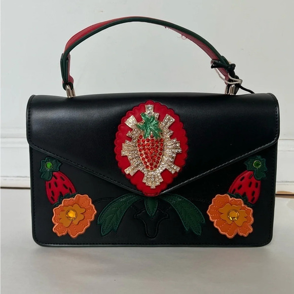 Tosca Blu Black Rhinestone Carrot Flowers Applique Flap Shoulder Bag Top Handle - Picture 2 of 12